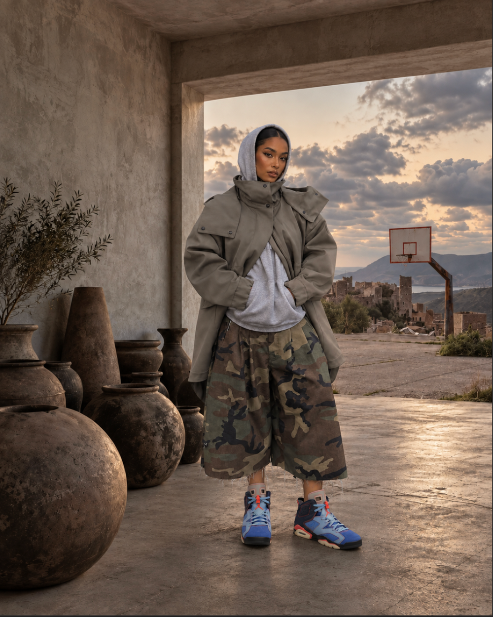 Streetwear look with a hooded jacket, camouflage shorts and blue sneakers at sunset.